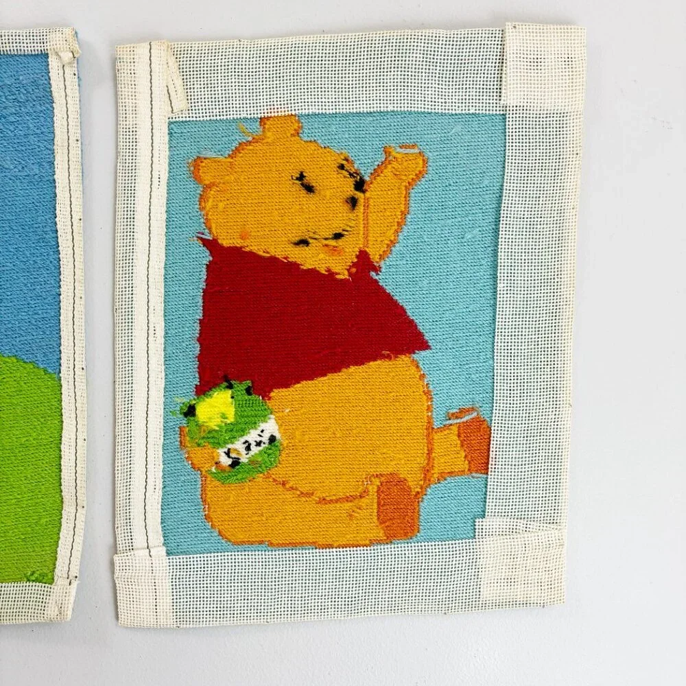 VINTAGE Winnie the Pooh Tigger Wool Crewel Needlepoint Panels Set Of 2 Handmade